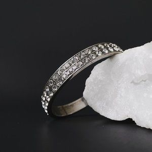 Rhinestone Double Row Sparkle Bling Statement Tarnished Silver Bangle Bracelet